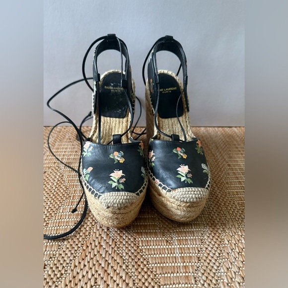 Saint Laurent Shoes - Saint Laurent YSL Black Leather Floral Espadrilles Wedge Sandals,Heels,US 6.5